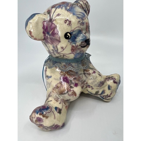 Vintage Decoupage Floral Ceramic Teddy Bear Figurine Flowers & Lace - Picture 7 of 8